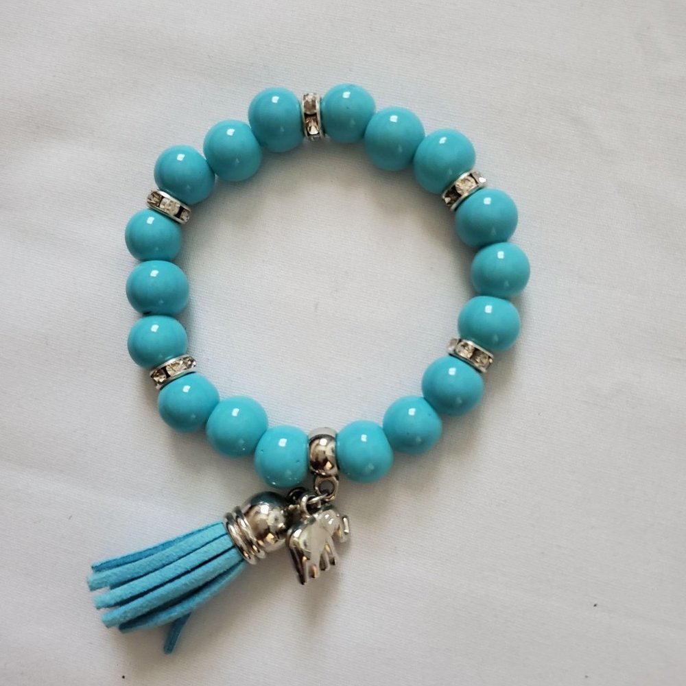 Women's Fashion Jewelry Turquoise Beaded Bracelet With Leather Tassel Accent - Picture 6 of 7